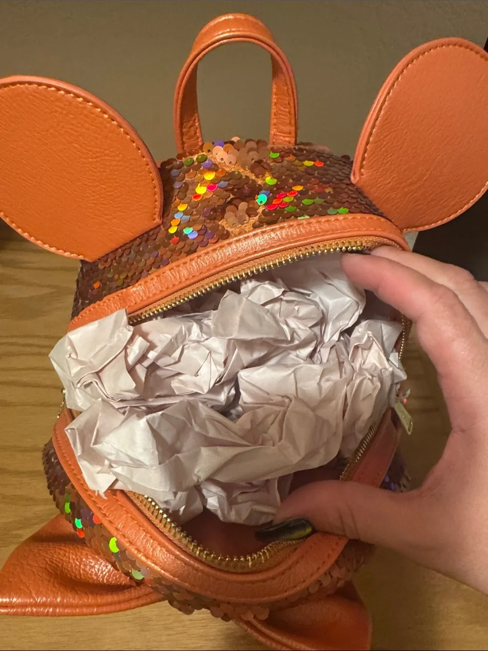 Loungefly Iridescent Orange Sequin Mini Backpack with Bow
